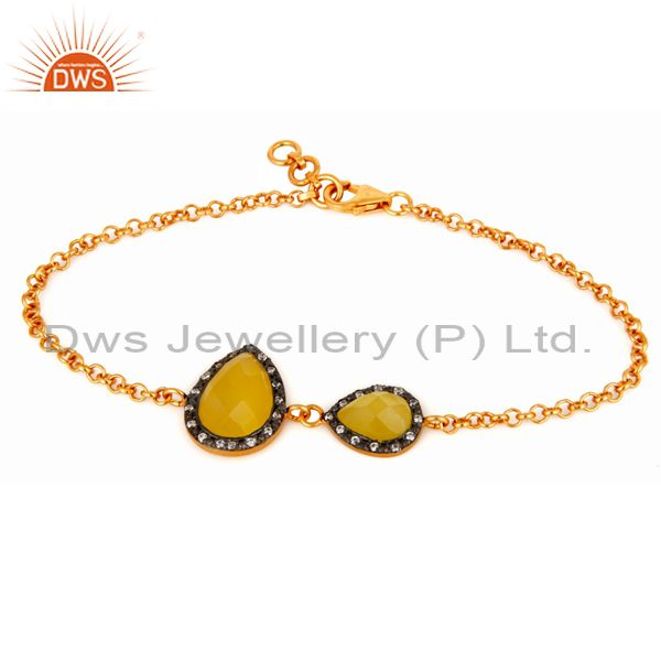 Yellow moonstone & cz pave gold plated sterling silver link chain women bracelet