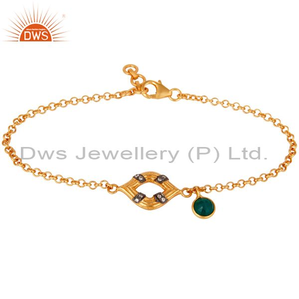 22k gold plated sterling silver green onyx & white zirconia chain link bracelet