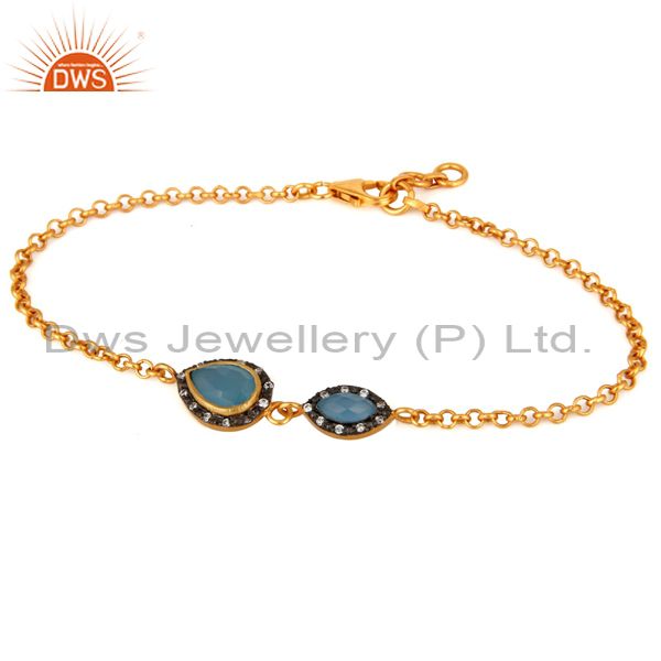 Blue chalcedony gemstone & cz sterling silver gold plated link chain bracelet