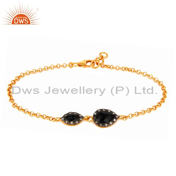 925 sterling silver with 18k yellow gold plated balck onyx & cz womens bracelet