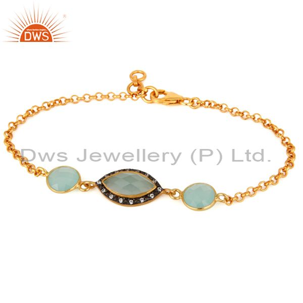 24k gold plated 925 sterling silver blue aqua glass gemstone fashion bracelet