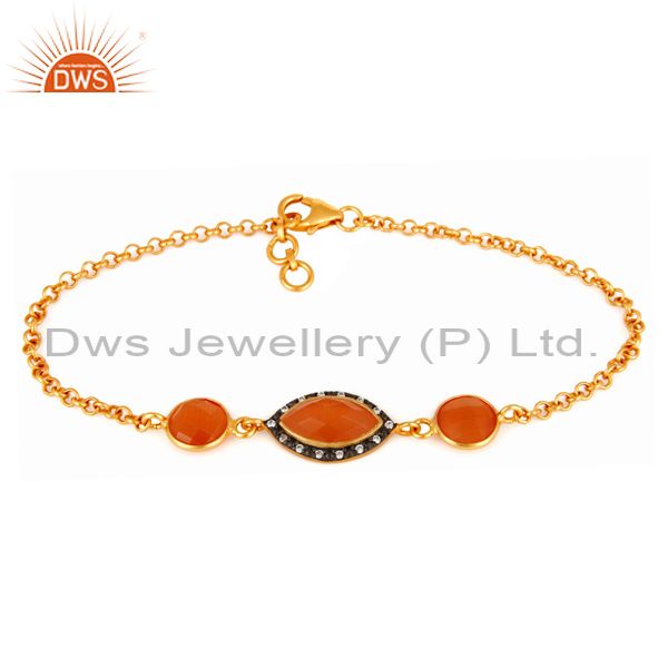 Cubic zirconia & peach moonstone gold plated sterling silver fashion bracelets