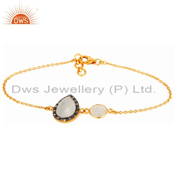 18k yellow gold plated sterling silver link chain bracelet with cz & moonstone