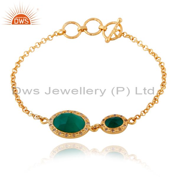 Green onyx 925 sterling silver white topaz 18k yellow gold plated chain bracele