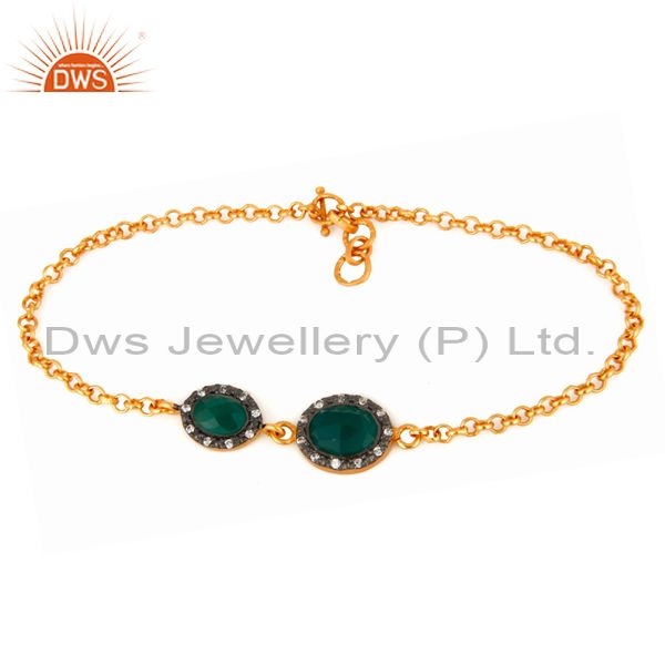 Natural green onyx & cz sterling silver chain link bracelet with gold plated 18k