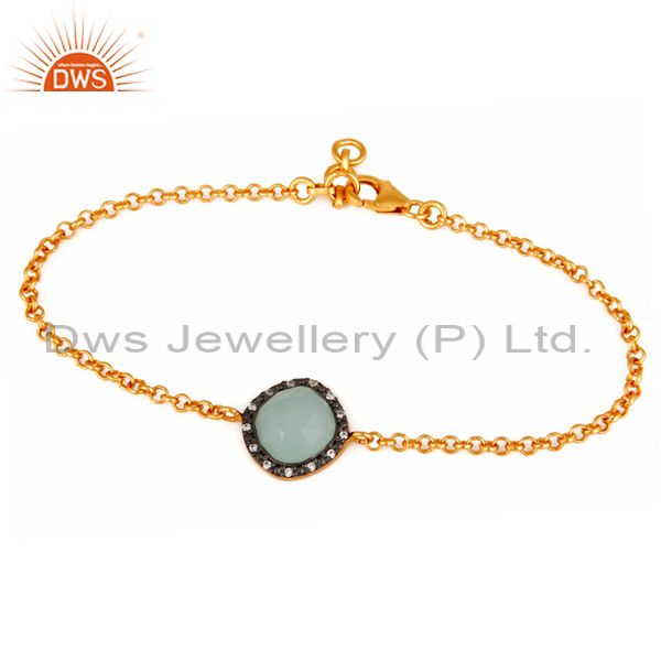 Synthetic aqua chalcedony gemstone gold plated sterling silver chain bracelets