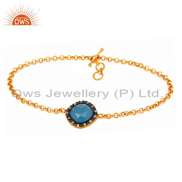 925 sterling silver chain blue chalcedony gold plated bracelet adjustable - cz