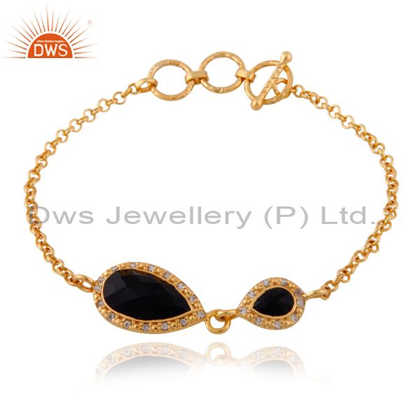 24k gold plated black onyx gemstone sterling silver white topaz chain bracelets