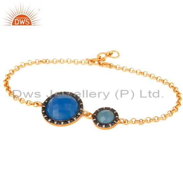 Faceted blue chalcedony 18ct gold plated sterling silver chain bracelet with cz