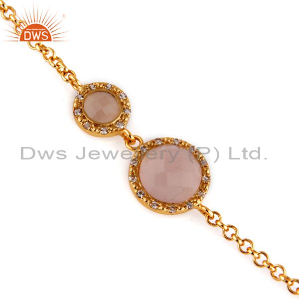 Natural rose chalcedony 18k gold over sterling silver bracelet with white zircon