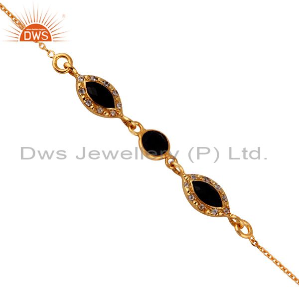Faceted black onyx sterling silver bracelet with white topaz - gold plated