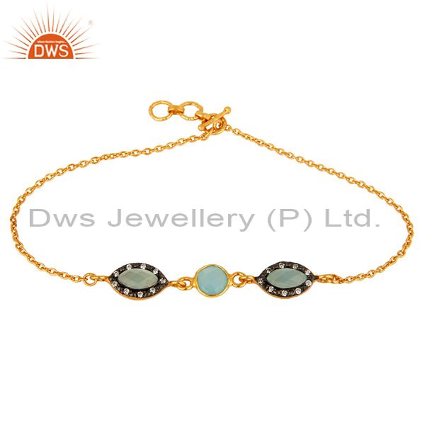 18k yellow gold plated sterling silver aqua blue chalcedony link chain bracelet