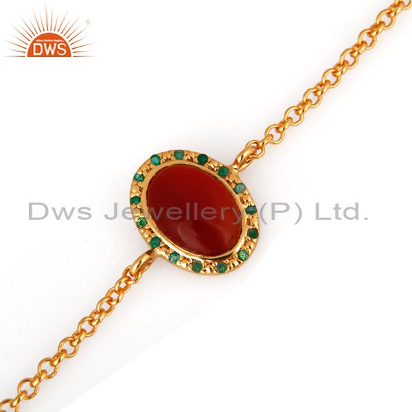Red onyx/emerald gemstone 925 sterling silver 18k gold plated chain bracelet