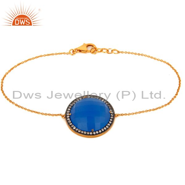 Gold plated sterling silver blue chalcedony beautiful designer chain bracelet