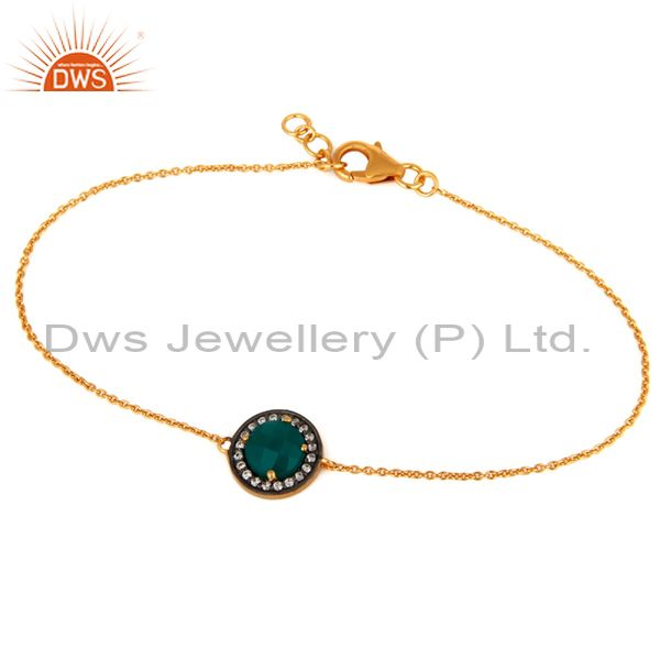 18k yellow gold plated green onyx gemstone & cz sterling silver chain bracelet