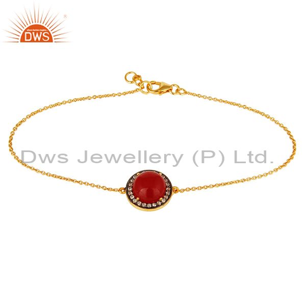 Red aventurine gemstone and cz chain bracelet in 18k gold over sterling silver