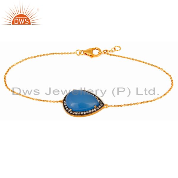 18k yellow gold plated sterling silver natural blue chalcedony gemstone bracelet