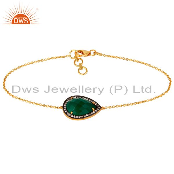 Solid 925 silver with gold plated green onyx gemstone chain bracelet with cz