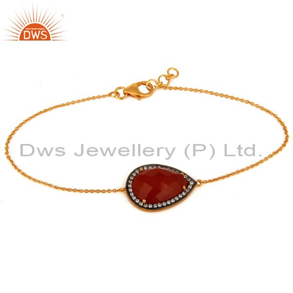 Solid sterling silver with gold plated red onyx gemstone chain bracelet with cz