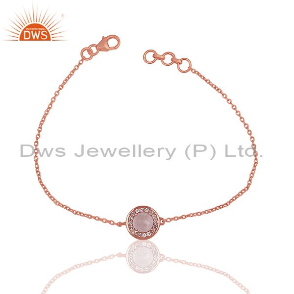 Rose quartz and white topaz 925 silver chain bracelet wholesale