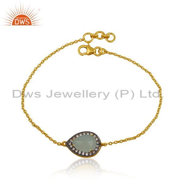 Cz aqua chalcedony gemstone gold plated silver chain bracelet jewelry
