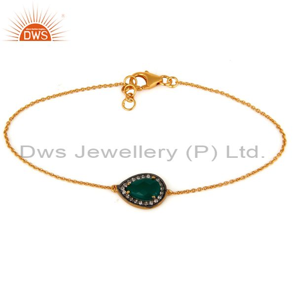 24k gold over 925 silver natural green onyx gemstone & white zircon bracelet