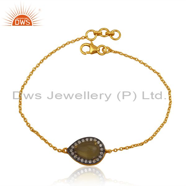 Yellow chalcedony cz gemstone designer gold plated silver chain bracelet jewelry