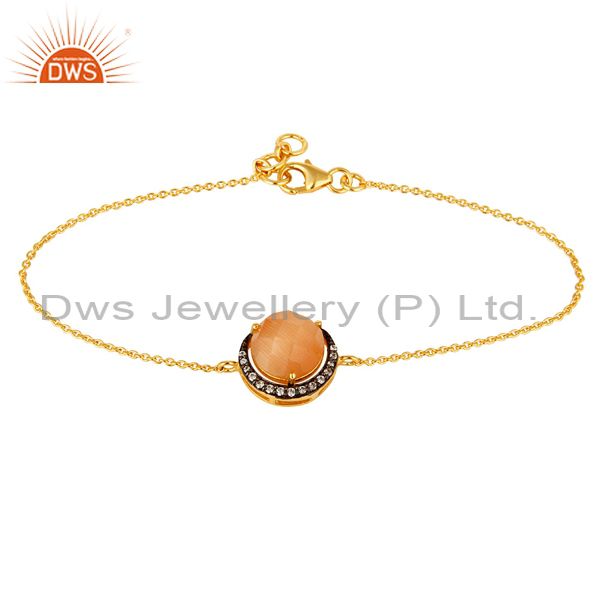 Peach moonstone and cz designer bracelet in 18k gold over sterling silver jewelr