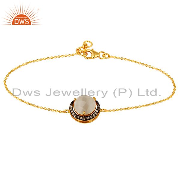 18k yellow gold plated sterling silver white moonstone & cz chain bracelet