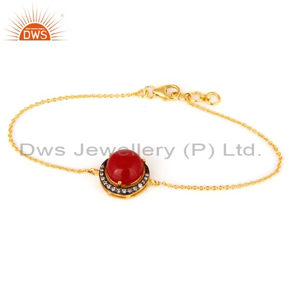18k yellow gold plated sterling silver red aventurine and cz chain bracelet