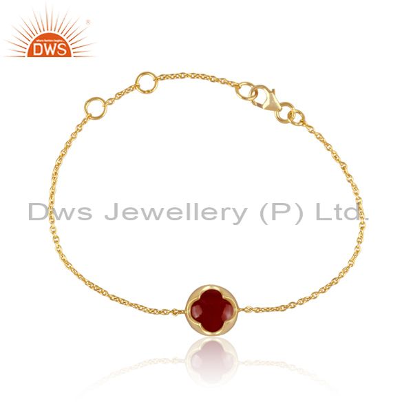 Shiny 14k yellow gold plated sterling silver red onyx gemstone chain bracelet