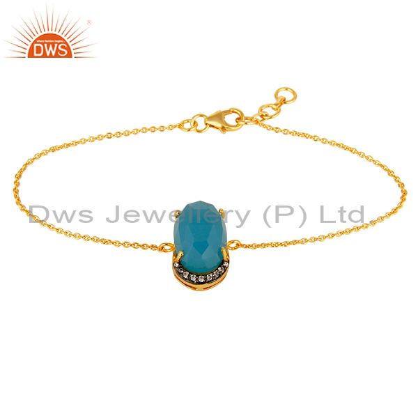 18k yellow gold plated sterling silver aqua blue chalcedony chain bracelet