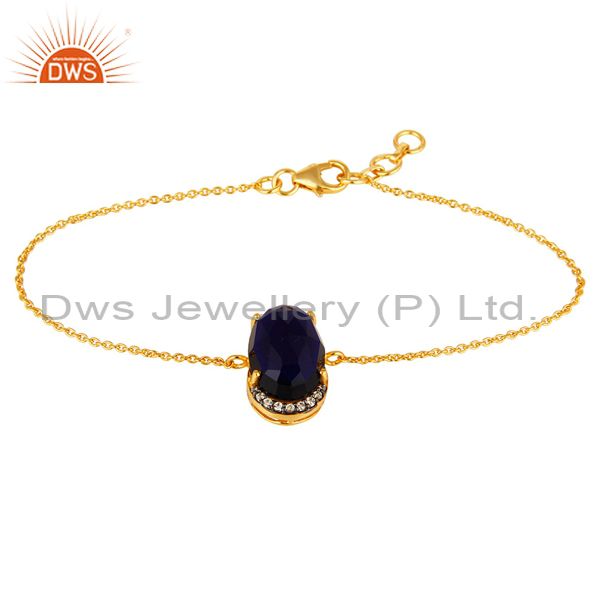 18k yellow gold plated sterling silver blue corundum and cz chain bracelet