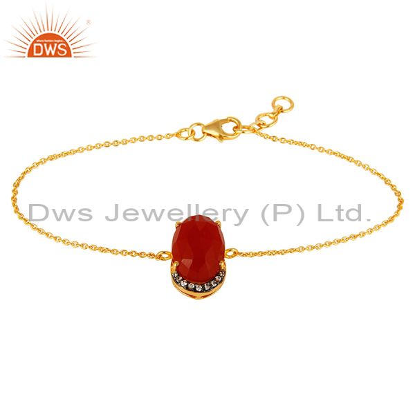 18k gold plated sterling silver red onyx gemstone chain bracelet with cz