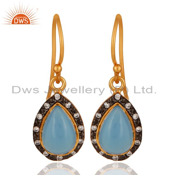 Natural Blue Chalcedony Gemstone Sterling Silver Dangle Earring With Gold Vermei