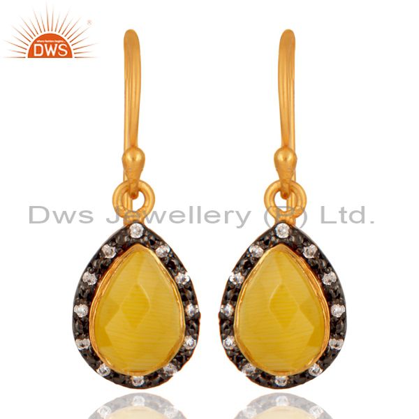 Faceted Yellow Moonstone Plated Gold or Sterling Silver Drop Earrings With CZ