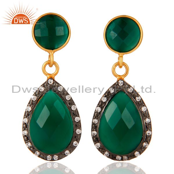 18K Gold Plated Sterling Silver Green Onyx Faceted Drops Earrings With CZ