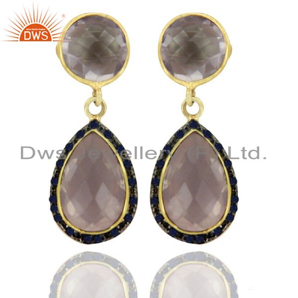 Natural Semi Gemstone Rose Quartz Gemstone Sapphire 925 Sterling Silver Earrings