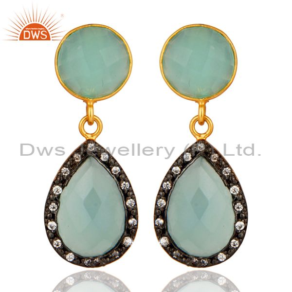 18K Gold Over Sterling Silver CZ And Blue Aqua Glass Gemstone Drop Earrings