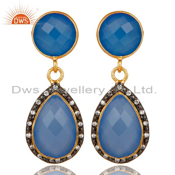 18K Yellow Gold Plated Sterling Silver Blue Chalcedony Drop Earrings With CZ
