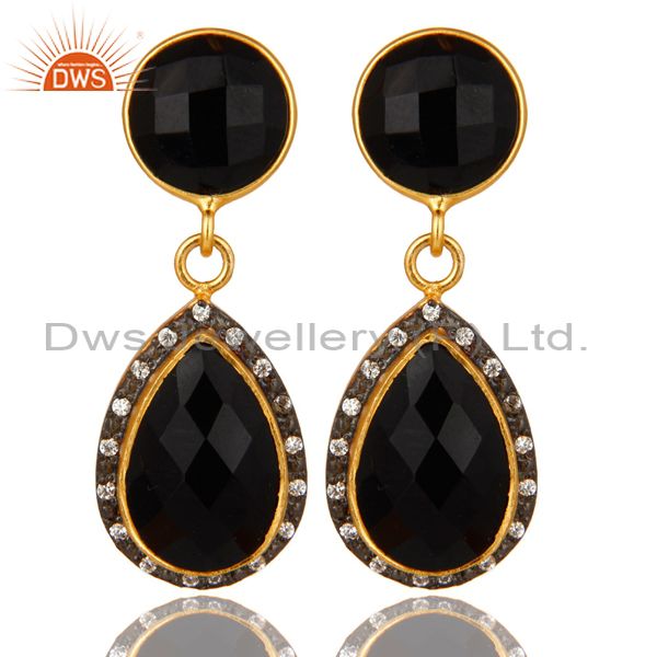 18K Yellow Gold Plated Sterling Silver Black Onyx Drop Earrings With CZ