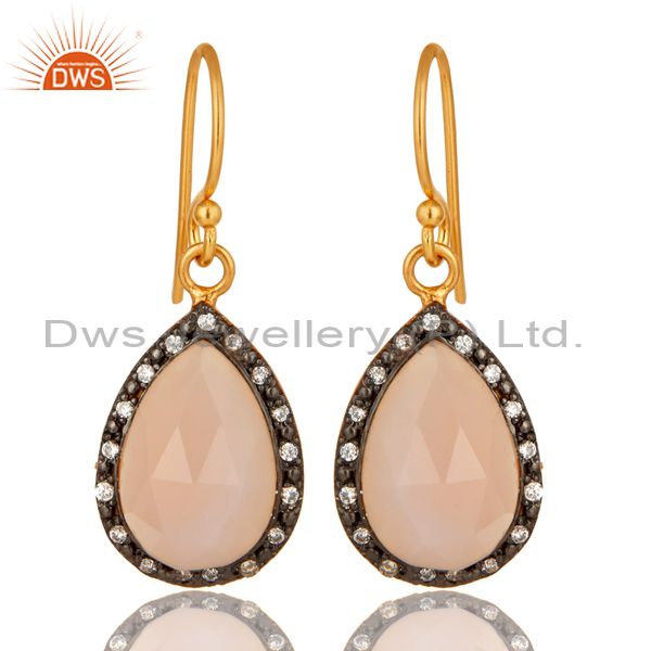 18K Yellow Gold Plated Sterling Silver Rose Chalcedony Drop Earrings With CZ