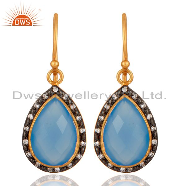 22K Gold Plated 925 Sterling Silver Aqua Chalcedony Gemstone Earring With CZ