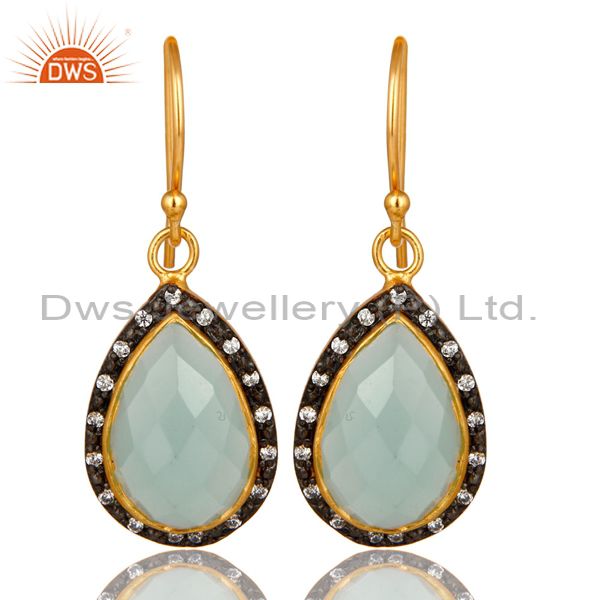 18K Yellow Gold Plated Sterling Silver CZ And Aqua Chalcedony Glass Drop Earring