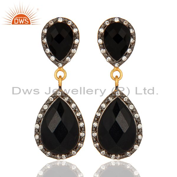 Natural Black Onyx Gemstone Drop Earrings With 18K Gold Over Sterling Silver