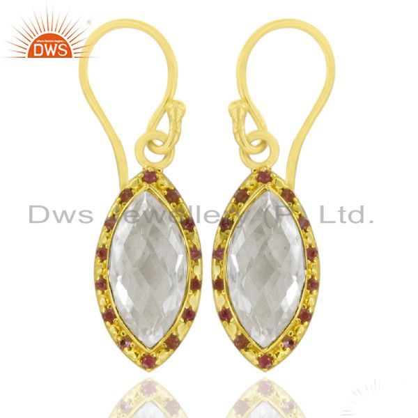 22K Yellow Gold Plated Sterling Silver Ruby And Crystal Quartz Drop Earrings