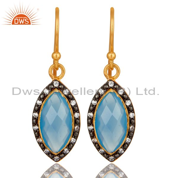 18K Yellow Gold Plated Sterling Silver Blue Chalcedony Dangle Earrings With CZ