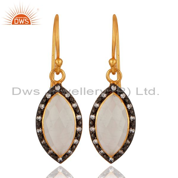 White Moonstone 22K Yellow Gold Plated Sterling Silver Dangle Earrings With CZ
