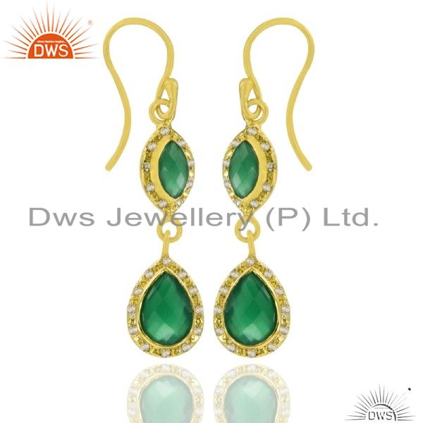 22K Gold Plated Sterling Silver Green Onyx And White Topaz Double Drop Earrings