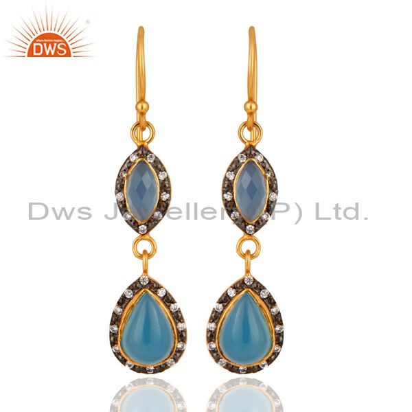 Aqua Blue Chalcedony Gemstone Dangle Earrings in 18K Gold Over Sterling Silver